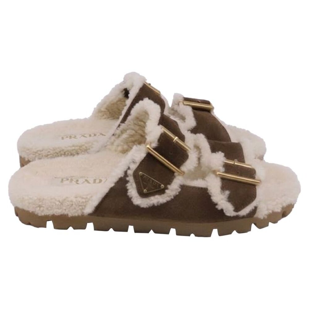 Prada Shearling Double-Buckled Strap Slide Sandals in Brown Suede